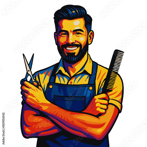 happy male barber in apron, confidently holding scissors and comb, ideal for grooming or hairstyling concepts. Generative ai vector colorful pop art illustration.