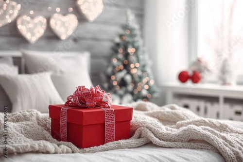 Gift wrapped with gold ribbon placed on bed. Beautifully wrapped red paper gift box rests gently on a bedroom interior. Christmas, New year winter holiday vibe. Morning surprise. Delivery service
