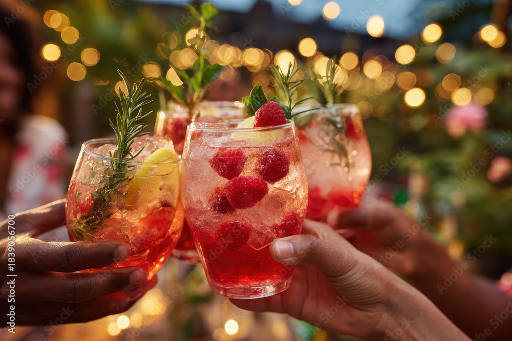 Obraz premium Friends drinking sparkling cocktails. People clinking glasses with drinks outdoors. Close up of hands cheers, making toasts and touch with wineglasses at garden party. Warm Summer Evening. Enjoy Life