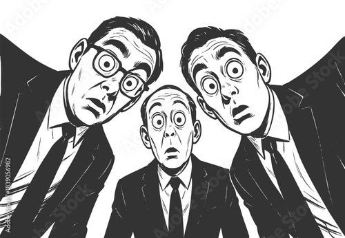 men in suits staring downward with exaggerated surprised expressions, suggesting shock or discovery sketch engraving generative ai vector illustration. Scratch board imitation. Black and white image.