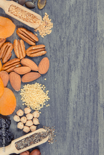 Food containing natural iron and other vitamins and minerals. Healthy eating. Place for text