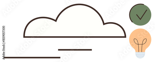 Cloud outline with checkmark and lightbulb emphasizing success, problem-solving, and smart innovation. Ideal for technology, creativity, productivity, cloud computing, inspiration, success simple
