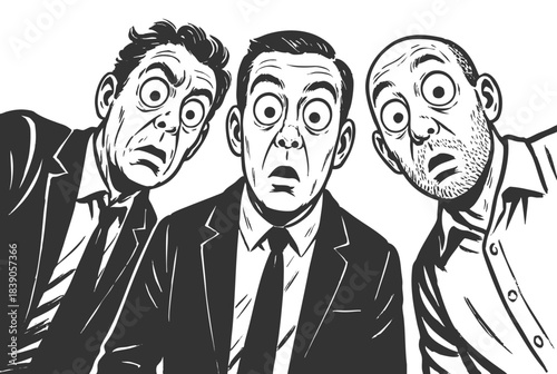 men in suits staring downward with exaggerated surprised expressions, suggesting shock or discovery sketch engraving generative ai vector illustration. Scratch board imitation. Black and white image.