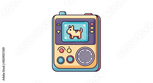 A colorful retro handheld game console with a pixelated dog displayed on the screen.