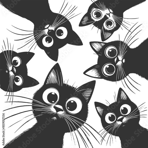 Adorable group of curious black cats with big eyes peering downward sketch engraving generative ai fictional character vector illustration. Scratch board imitation. Black and white image.