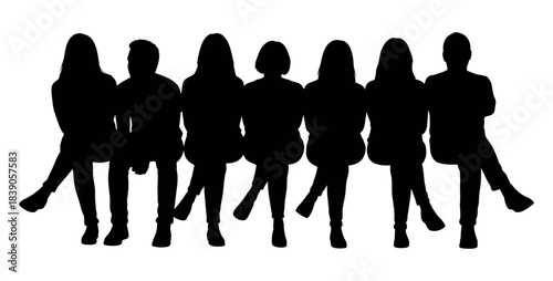 Flat black silhouette of six people sitting together on an invisible bench isolated on white background