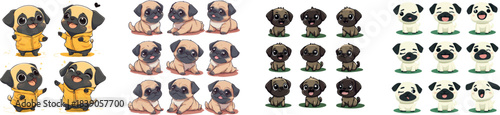 A cute kawaii cartoon pug is illustrated in various poses, presented as modern clip art with simple gradients, and each pose is placed on a separate layer for ease of use