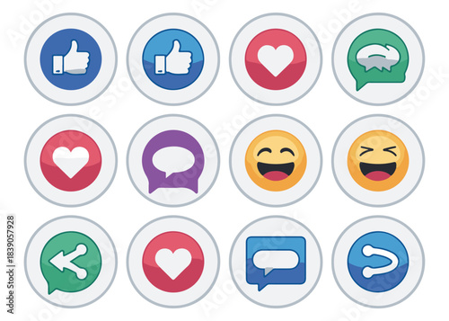 Social media reaction buttons and emoji faces set showing likes comments shares and various expressions