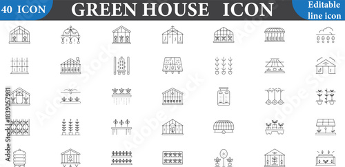 Collection of greenhouse line icons representing different architectural styles and designs