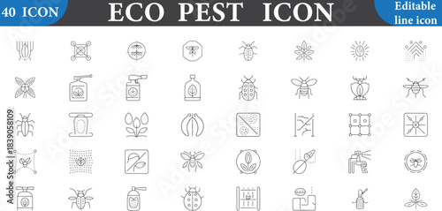 Collection of eco pest control icons and symbols in linear style vector illustration