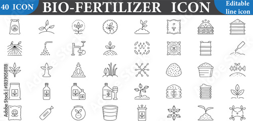 Collection of forty linear bio fertilizer icons for agriculture and organic farming concepts