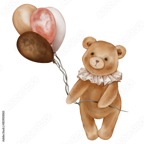 Watercolor Cute Teddy Bear Holding Balloon bunch. Valentine Brown bear toy with vintage Jabot collar. Illustration hand drawn in retro style on isolated background for design greeting cards.