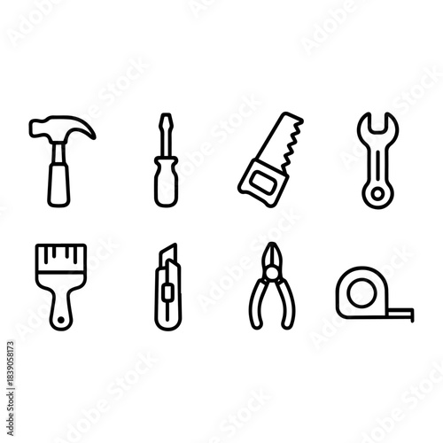 Set of tool icons including hammer saw wrench and screwdriver vector illustration