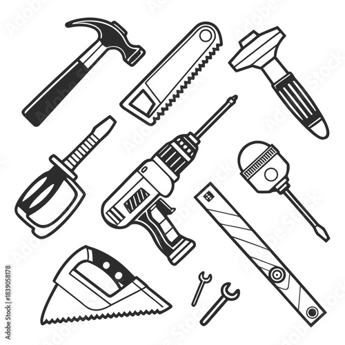 Set of tool icons including hammer saw wrench and screwdriver vector illustration