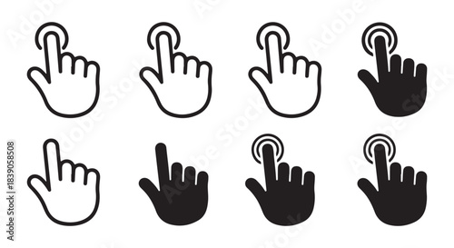 Set of eight hand cursor icons, pointer click symbol with index finger pressing button, isolated on white background