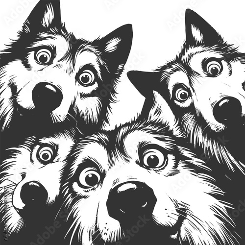 wide-eyed huskies peering downward with surprised, playful expressions in a comic art style sketch engraving generative ai vector illustration. Scratch board imitation. Black and white image.