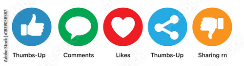 Set of five common social media icons for interaction like comment share and dislike with text labels