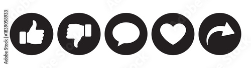 Social media icon set with thumbs up thumbs down comment heart and share symbols for web applications