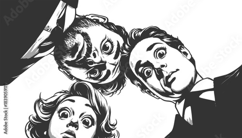 professionals with surprised expressions peering downward, suggesting discovery, mystery, or dramatic tension sketch engraving generative ai vector illustration. Scratch board. Black and white image.