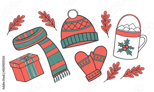 Holiday winter clothing and hot drink collection vector illustration, easily editable. 