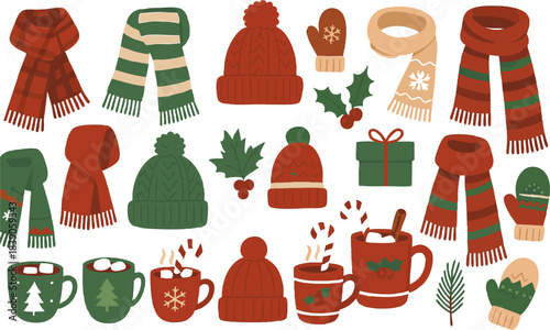 Festive holiday mugs and clothing accessories set vector pack  collection illustration, easily editable. 