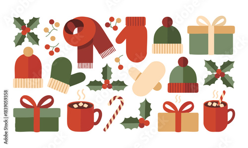 Cute flat winter accessories and cocoa mugs collection
 bundle  pack  collection illustration, easily editable. 