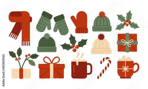 Cute flat winter accessories and cocoa mugs collection bundle  pack  collection illustration, easily editable. 