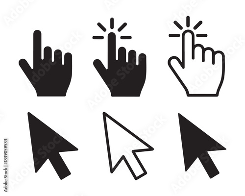 Collection of cursor icons featuring pointing hands and arrows in outline and solid styles for web design