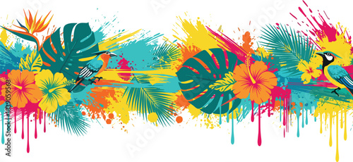 Tropical nature illustration, vibrant bird and flower design, colorful foliage artwork, summer jungle composition, exotic paradise graphic layout