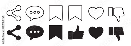Set of outline and filled social media icons on white background, various symbols for internet engagement