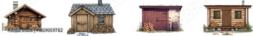 The modern illustration features cartoon wood cabin clip art, complete with simple gradients and the cabin and logs placed on separate layers for easy editing
