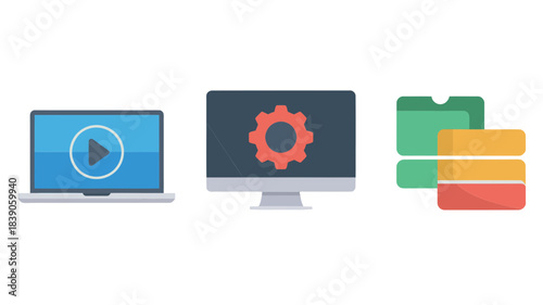 Digital interface icons with laptop video playback, desktop settings gear, and colorful tab stack for software, media, configuration, UI design