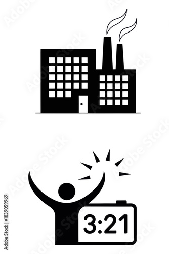 Factory icon with smoke chimneys and energetic person beside digital clock symbolizing industrial labor, early productivity, motivation, and work schedule