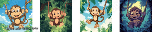 A modern illustration shows a cartoon gibbon monkey hanging from a branch, placed in front of a jungle background, and characterized by its use of simple gradients and the separation of certain
