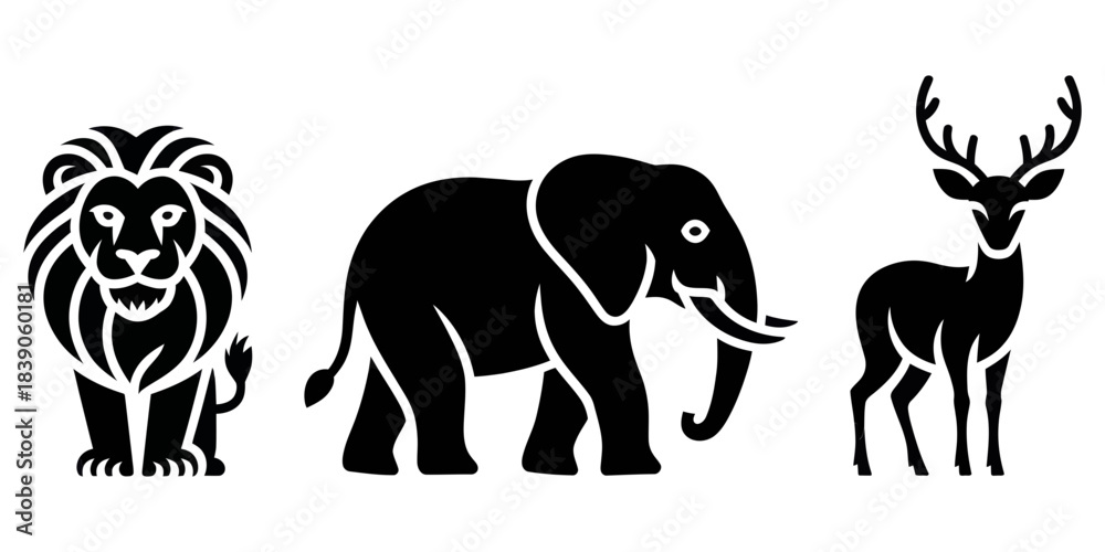 Obraz premium Wildlife animal silhouettes of lion, elephant, and deer icons for nature, safari, jungle, fauna, conservation, and zoological illustration design