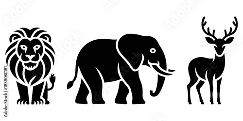 Wildlife animal silhouettes of lion, elephant, and deer icons for nature, safari, jungle, fauna, conservation, and zoological illustration design