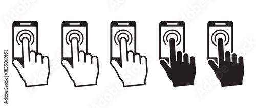 Hand pressing smartphone screen icon set vector, mobile phone touchscreen hand tap, click vector illustration
