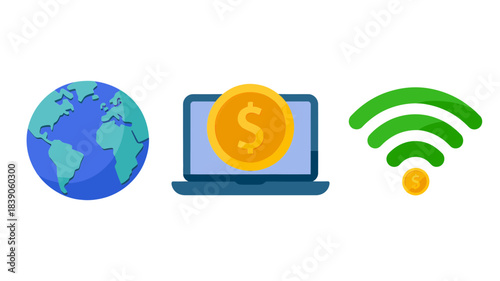 Global finance icons with Earth, laptop dollar coin, and Wi-Fi payment signal representing digital currency, online transactions, and financial connectivity