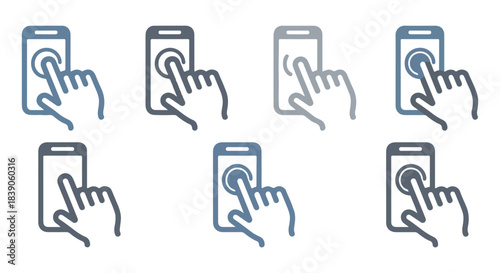 Collection of hand and smartphone outline icons depicting various touch and tap gestures on mobile screens