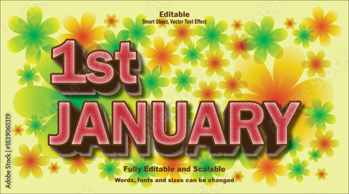 1st January word new year, celebration and festive typography text effect.
