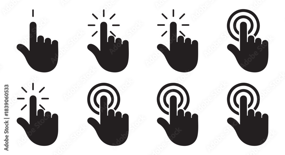 Fototapeta premium Group of black solid silhouette icons featuring hand cursors and click gestures on a white background