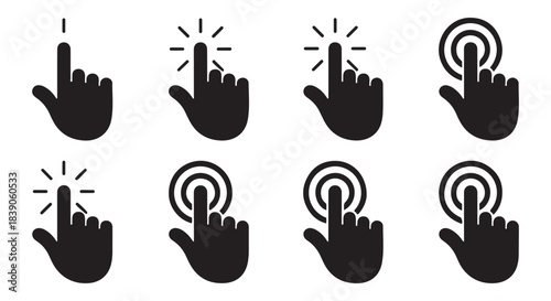 Group of black solid silhouette icons featuring hand cursors and click gestures on a white background
