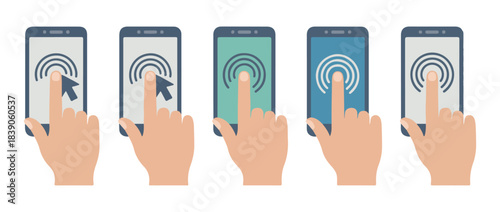 Set of human hands tapping on a smartphone screen, showcasing various styles of click and touch gestures