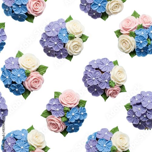 Seamless pattern of pastel hydrangea and rose floral bouquets on black background