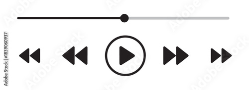 Audio player interface elements with playback controls and progress bar on transparent white background illustration