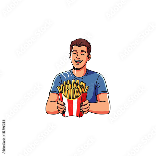 Man holding french fries smiling icon flat vector design.