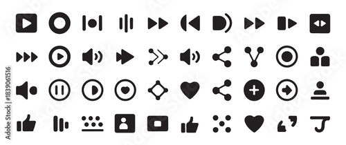 Collection of black multimedia player and social networking interface icons on white background illustration