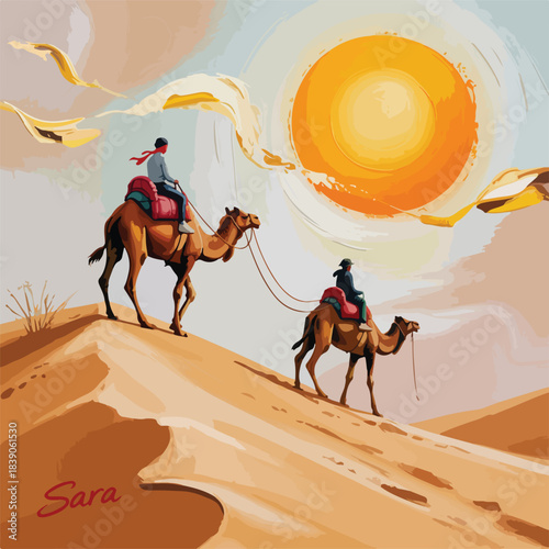 A silhouette illustration of a wild camel and a cowboy riding a horse through the Sahara desert landscape at sunset, creating a western caravan vector against the golden Egyptian sky