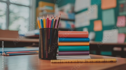 A stack of colorful books and pencils in a holder sit on a classroom desk, ready for learning