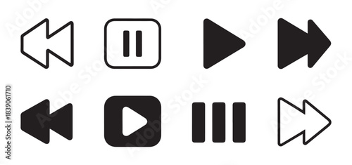 Set of eight media player controls with outline and filled styles on isolated white background illustration
